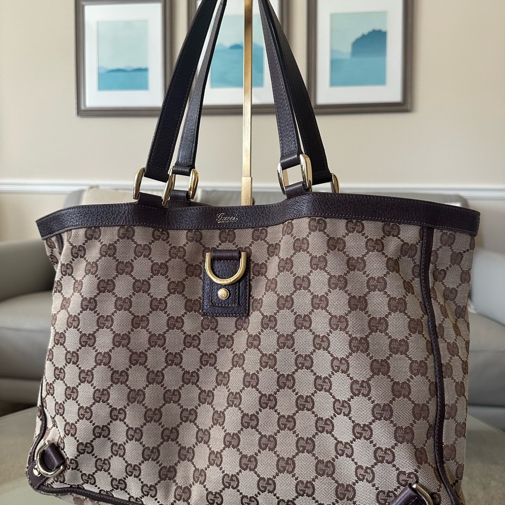 Gucci Brown Monogram Canvas Tote with Leather Trim